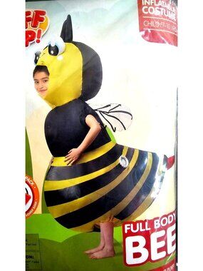 Bumblebee Full Body Bee Inflatable Costume Kid 7-10 Fan Battery Pack Puff Up NEW